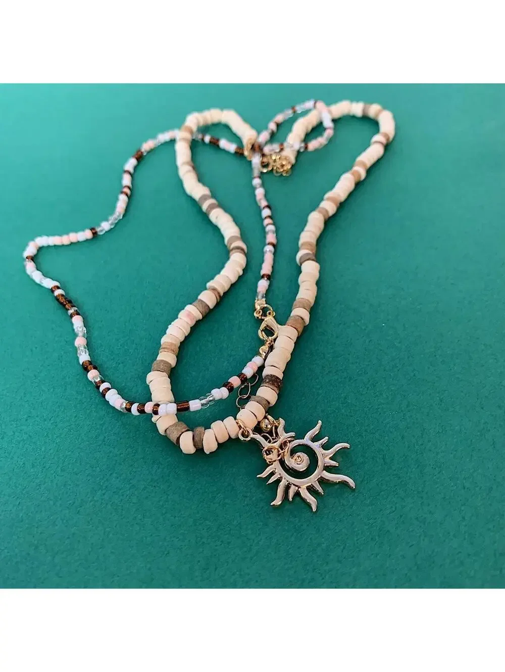 Y2k 2000s style Wood Beaded double layer Necklace with Cyber Star Sun Pendant
